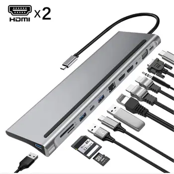 12 v 1 Tip-c Dvojni HDMI/VGA/USB 3.0 Hub/PD/RJ/Micro SD/TF Kartice Dock Adapter
