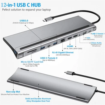 12 v 1 Tip-c Dvojni HDMI/VGA/USB 3.0 Hub/PD/RJ/Micro SD/TF Kartice Dock Adapter