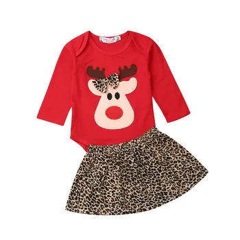 2019 Božič Malčke Baby Girl Obleke Bowknot Jelena Romper Leopard Krilo 2 Kosa Obleko