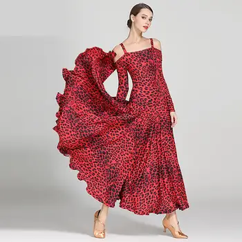 2019 Novo Leopard Sodobni Ples Seksi Obleko Off-ramo Dolg Rokav Tango Valček španskega Flamenka Obleko Standard Dvorana Obleke