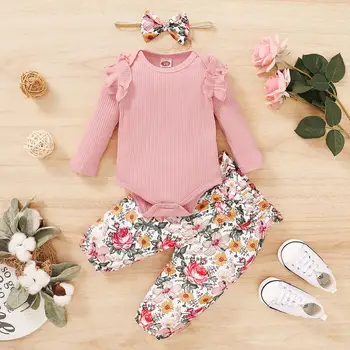 2020 Jeseni Baby Girl Obleke Čiste Roza Sre Barve, Dolg Rokav Obleka + Cvetlični Hlače Z Glavo Nastavite 3PCS Toddlers Obleke