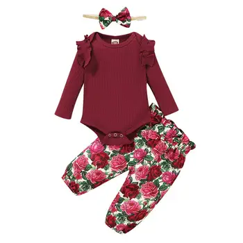 2020 Jeseni Baby Girl Obleke Čiste Roza Sre Barve, Dolg Rokav Obleka + Cvetlični Hlače Z Glavo Nastavite 3PCS Toddlers Obleke