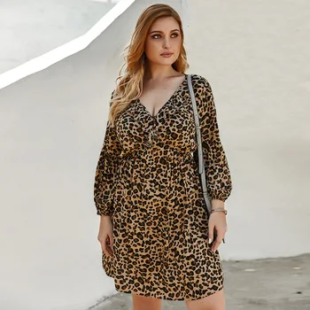 2020 Jeseni Nov Modni Prosti Čas Ruffles Globok V-Izrez Obleke, Ženske Seksi Leopard Natisnjeni Plus Velikost Dolgo Puff Rokav Vintage Obleko