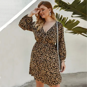 2020 Jeseni Nov Modni Prosti Čas Ruffles Globok V-Izrez Obleke, Ženske Seksi Leopard Natisnjeni Plus Velikost Dolgo Puff Rokav Vintage Obleko