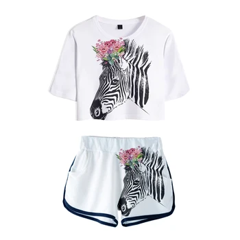 2020 modno oblikovanje Zebra print dame novo modno obleko trebuh gumb T-majica + hlače, dvodelne mladi modna ženska obleka