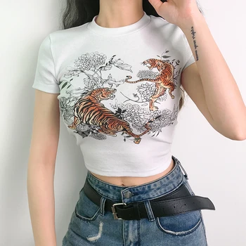 2020 Nova Ženska Tshirts Ins Letnik Tiger Print Crop zgornji deli oblacil Ženske Poletne Bele Kratek Rokav T shirt Moda Slim Top Tees Oblačila