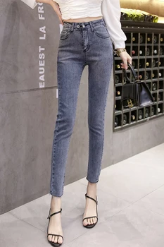 2020 Novo Prispeli Sivo Skinny Jeans Ženska Visoko Elastični Pas Dvojni Gumb Denim Svinčnik Hlače Kažejo Shin Korejske Modne Kavbojke Lady
