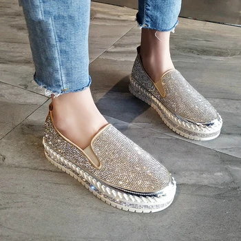 2020 pomlad moda kristalno priložnostne stanovanj ženske krog toe nizke pete zavezat ravno platforma čevlji ženska Slip-On loafers B-19