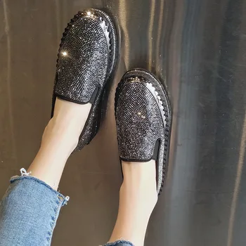 2020 pomlad moda kristalno priložnostne stanovanj ženske krog toe nizke pete zavezat ravno platforma čevlji ženska Slip-On loafers B-19