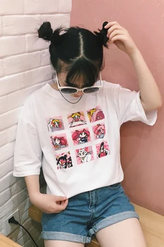 2020 Žensk korejski Elegantna Dekleta Harajuku Ulzzang Risanka Tisk Svoboden Mehka T-shirt Ženske Kawaii Punk Retro Oblačila za Ženske