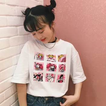 2020 Žensk korejski Elegantna Dekleta Harajuku Ulzzang Risanka Tisk Svoboden Mehka T-shirt Ženske Kawaii Punk Retro Oblačila za Ženske