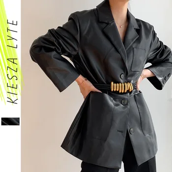 2021 Mode PU Usnje Črne Jakne Ženske Modni Priložnostne Svoboden, Dolg Rokav Obleka Blazerji Vrhnja oblačila Ulične Ženski Plašči