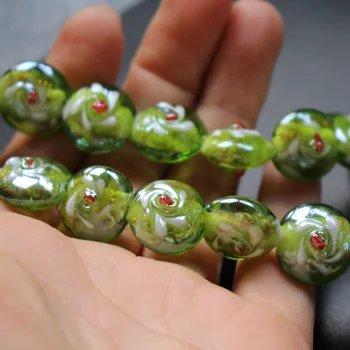 20pcs/Lot 16 mm*14 mm*10 mm Olivno Zelene barve Lampwork Steklene Kroglice Cvet Ravno Kroglice čarobne gumbe za nakit, izdelava