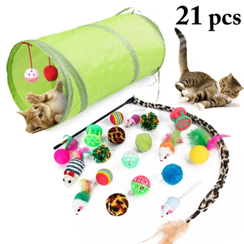 21Pcs/Set Pet Cat Toy Kit Collapsible Tunnel Cat toy Fun Bell Feather Mice Shape Pet Kitten Dog Cat Interactive Play Supplies