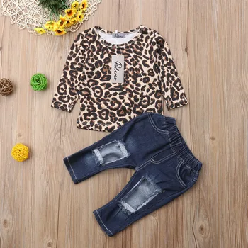 2Pcs Otroci Baby Toddler Dekle Leopard Dolg Rokav Vrhovi Ripped Kavbojke Luknje Traper Hlače, Obleke