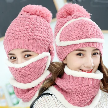 3-delni set žensk zimski modni volnene kape za outdoor, jahanje vse-tekmo, pletene toplo maske, ovratnice in žamet kape