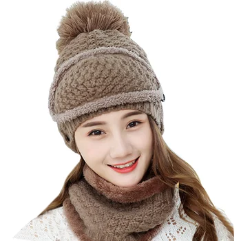 3-delni set žensk zimski modni volnene kape za outdoor, jahanje vse-tekmo, pletene toplo maske, ovratnice in žamet kape