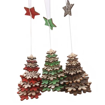 3D Božično Drevo Okraski Leseni Pet Opozoril Zvezda, Snežinka Obliko Obesek Družino Božični Okraski