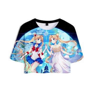 3D Sailor Moon Izpostavljeni popka t-shirt Priložnostne Kratkimi Rokavi Ženske T-shirt Tiskanje Sailor Moon Moda Dekleta Poletje black Tees