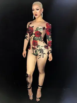 3D Tiskanje Cvet Elastična Jumpsuit Seksi Bar, nočni klub Stranka Praznovanje Žensk Fazi Obleko Valentinovo Ženska Pevka Kostumi