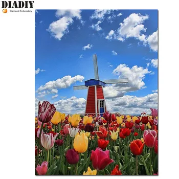 5D DIY diamond vezenje Tulipanov vetrnica nizozemski pokrajini diamond slikarstvo Navzkrižno Šiv celoten krog Nosorogovo mozaični okras