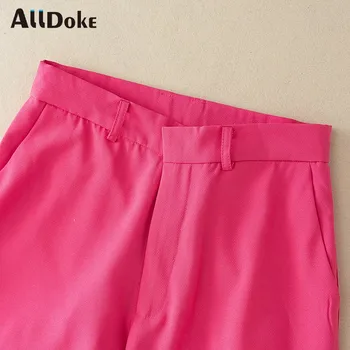 ALLDOKE roza priložnostne naravnost hlače ženske poletje visoko pasu dvojno zadrgo žepi hlače urad ženske ohlapne hlače mujer