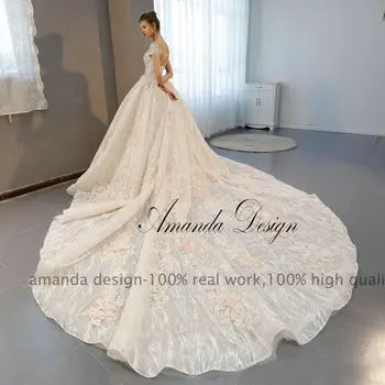 Amanda Design vestido de noiva princesa Kratek Rokav Čipke Aplicirano Cvetje Handwork Poročno Obleko