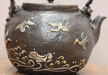 Archaic Japonski Železa Pozlačenega Srebra Morju Žerjav Prenosni Flagon Grelnik Vode Vino, Čaj Pot