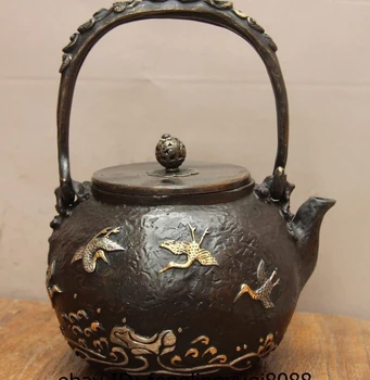 Archaic Japonski Železa Pozlačenega Srebra Morju Žerjav Prenosni Flagon Grelnik Vode Vino, Čaj Pot