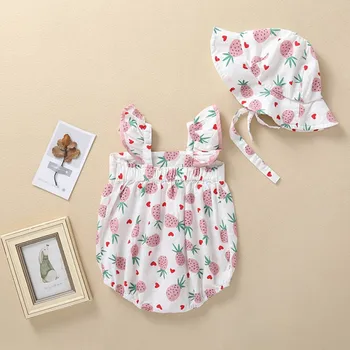 Baby Romper S Klobuk Baby Girl Obleke Tanke oddelek Onesie Otroška oblačila+Skp Cvjetnim Natisne 2Pcs Set Oblačila