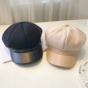 Baretka ženski retro usnje skp priložnostne klobuk jesen in zimo, divje modeli baretka klobuk dome moda baretka dve material za šivanje