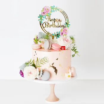 Barvit cvet slog tiskanja happy birthday cake pokrivalo ogledalo zlato akril torto toppers torta dekoraterstvo stranka dobave