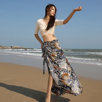 Bela Bollywood Seksi Split Natisnjeni Belly Dance Kostumi Orientalski Ples Trebuh Dolgo Hip Šal+Vrhu Bellydance Kostum 2PCS/SET