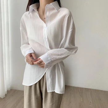 Bele Bluze Vrhovi Ženske Korejski Majice Z Dolgimi Rokavi Asymetrical Bombažne Majice Barva 2021 Pomlad