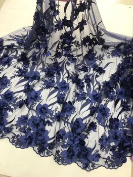 Biseri francoski til tkanine, čipke/Rumena modra 3D cvetje vezene visoke kakovosti Afriške čipke tkanina za poročne obleke JL2853