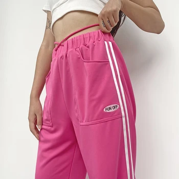 Bombaž Priložnostne športne hlače s črko tiskanje vezani široko ohlapne hlače podložene šivanje žep ravne noge hlače ženske