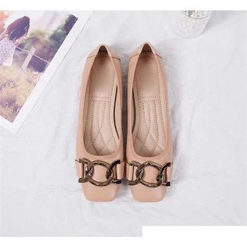 CEYANEAOflat čevlji za ženske pomlad jesen Priložnostne Kovinske verige kvadratni toe čoln čevlji za urad dama loafers usnjeni čevlji ženske