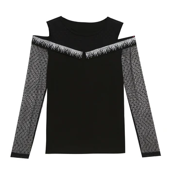 Diamond Čipke Votlih Iz Pletene T-Shirt 2021 Pomlad Nove Evropske Težka Industrija O-Modni Ovratnik, Dolgi Rokavi Top Ženska Oblačila