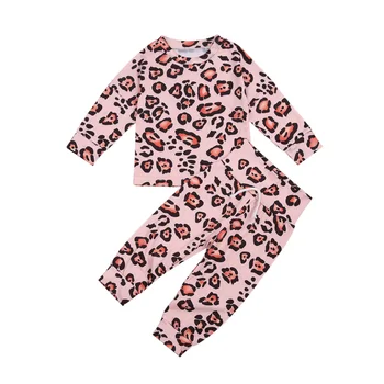 Dojenčka Dva kosa Oblačila, ki Dojenčki Leopard Natisnjeni Vzorec Okrogle Ovratnik Vrh + Dolge Hlače, Roza/ Rjava 0-24 Mesecev
