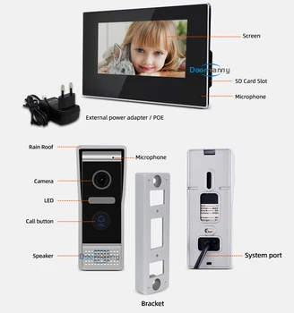 Doornanny Video Interkom IP WiFi Brezžično Smart Video Zvonec Za Dom, Stanovanje, 7Inch VideoDoorPhone PoE Auto evidence
