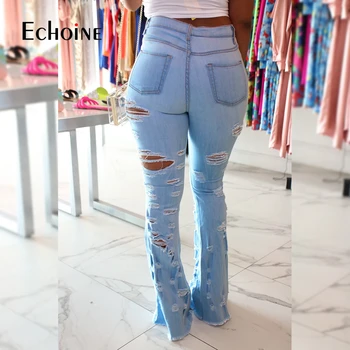Echoine 2020 Visoka Vitka Ripped Kavbojke Za Ženske Ulične Bell Dnu Jeans, Moda Flare Kavbojke Visok Ženske plus velikost Oblačila