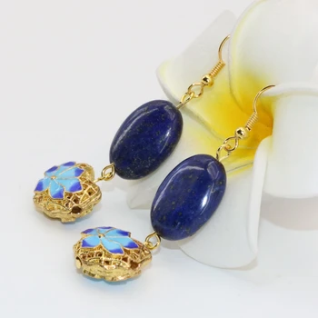 Edinstven ženske modni zlato barvo cloisonne lapis lazuli dolgi uhani visijo za poroke stranka čare darila fine nakit B2635