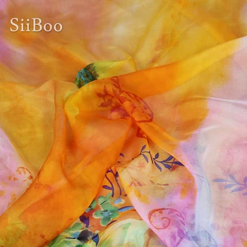 Elegantno oranžna cvjetnim tiskanja svila šifon tkanine za obleko čiste svile krpo za šivanje tela tecidos 6 mm SP4277 Brezplačna Dostava
