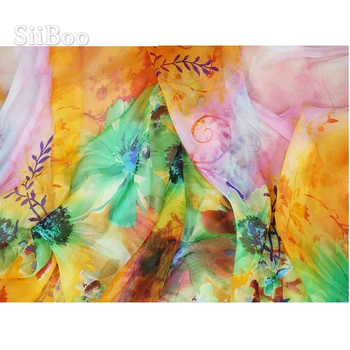 Elegantno oranžna cvjetnim tiskanja svila šifon tkanine za obleko čiste svile krpo za šivanje tela tecidos 6 mm SP4277 Brezplačna Dostava