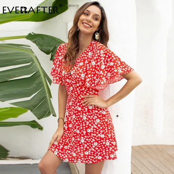 EVERAFTER Cvjetnim tiskanja plaži rdeče ženske obleke, casual visoko pasu gumb sundress poletje mini počitnice obleko dame kratke obleke