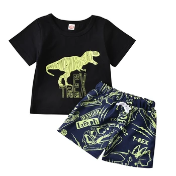 Fant je Risanka Dinozaver Natisnjeni 2Pcs Barve, Kratek Rokav Krog Vratu T-shirt z Elastičnim Pasom, Kratke Hlače, Oblačila, ki