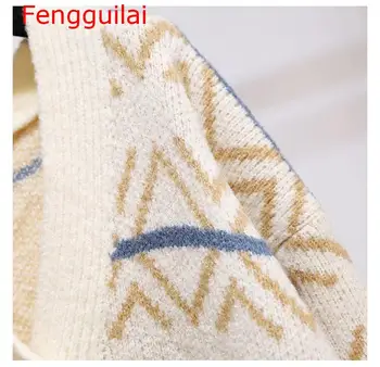 Fengguilai Priložnostne Ženski Pulover Brezrokavniki Gumb Prevelik Pletene Džemper Brezrokavniki Vneck Geometrijske Dolgo Poncho Plesti Jakna