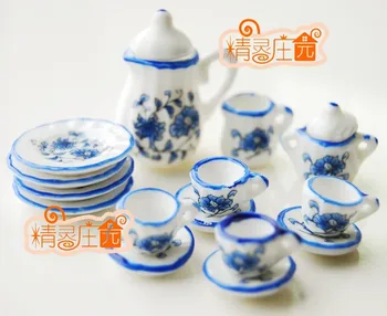 G05-X4320 otroke, otroška darilo Igrača 1:12 Lutke mini Pohištvo Miniaturni rement keramike čaj nastavite 15pcs/set modri cvet