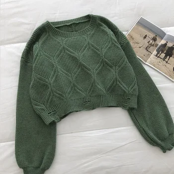 Gagaok ženska puloverji 2020 pomlad jesen novo O-Vratu Trdna luknjo pletena kratka jopica svoboden priložnostne korejski preprost divje puloverji