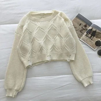 Gagaok ženska puloverji 2020 pomlad jesen novo O-Vratu Trdna luknjo pletena kratka jopica svoboden priložnostne korejski preprost divje puloverji